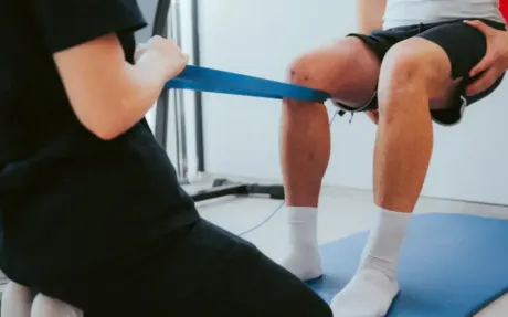 Prehab & post-injury training guided by our structured system. Coach guiding knee rehabilitation with a resistance band as the client performs controlled movement on a blue mat.
