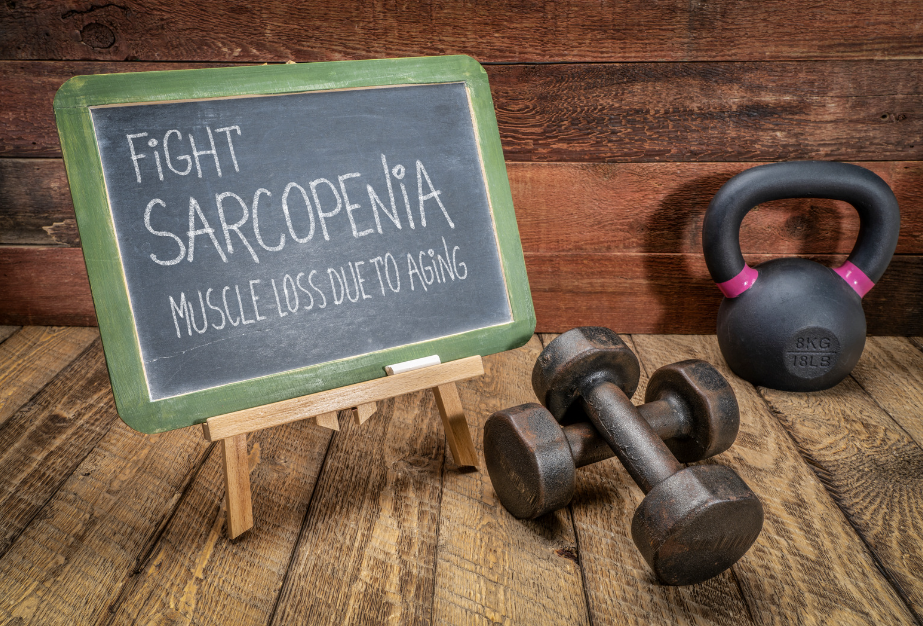 A blackboard with 'Fight Sarcopenia - Muscle Loss Due to Aging' written in chalk next to a kettlebell and dumbbells on floor