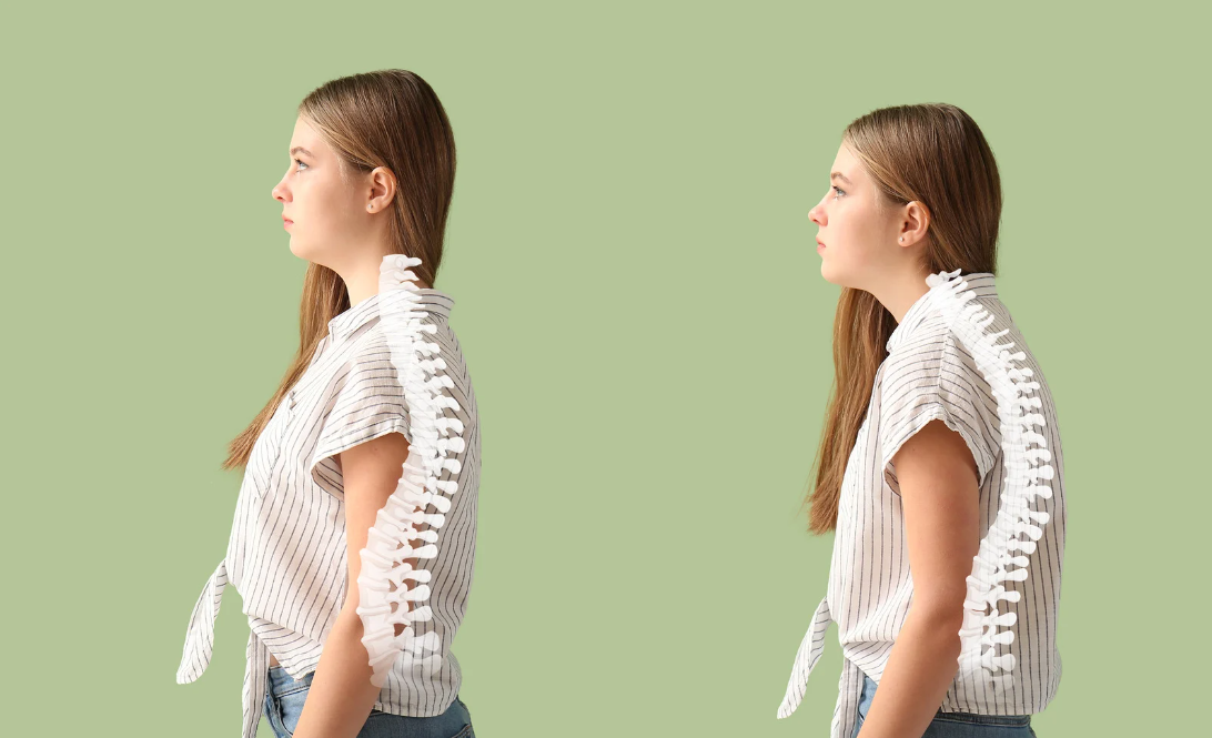 Comparative image of a young woman's posture, one with aligned spine superimposed and the other with hunched shoulders, illustrating correct and poor posture.