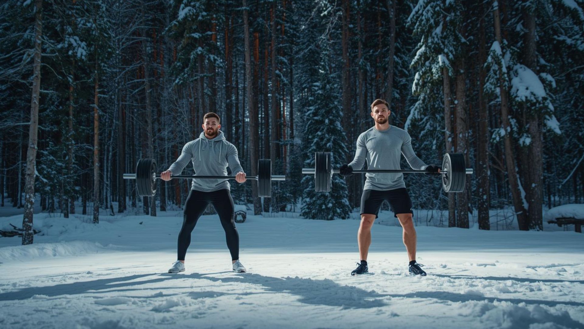 Two men lifting barbells during winter outdoor workouts in a snowy forest