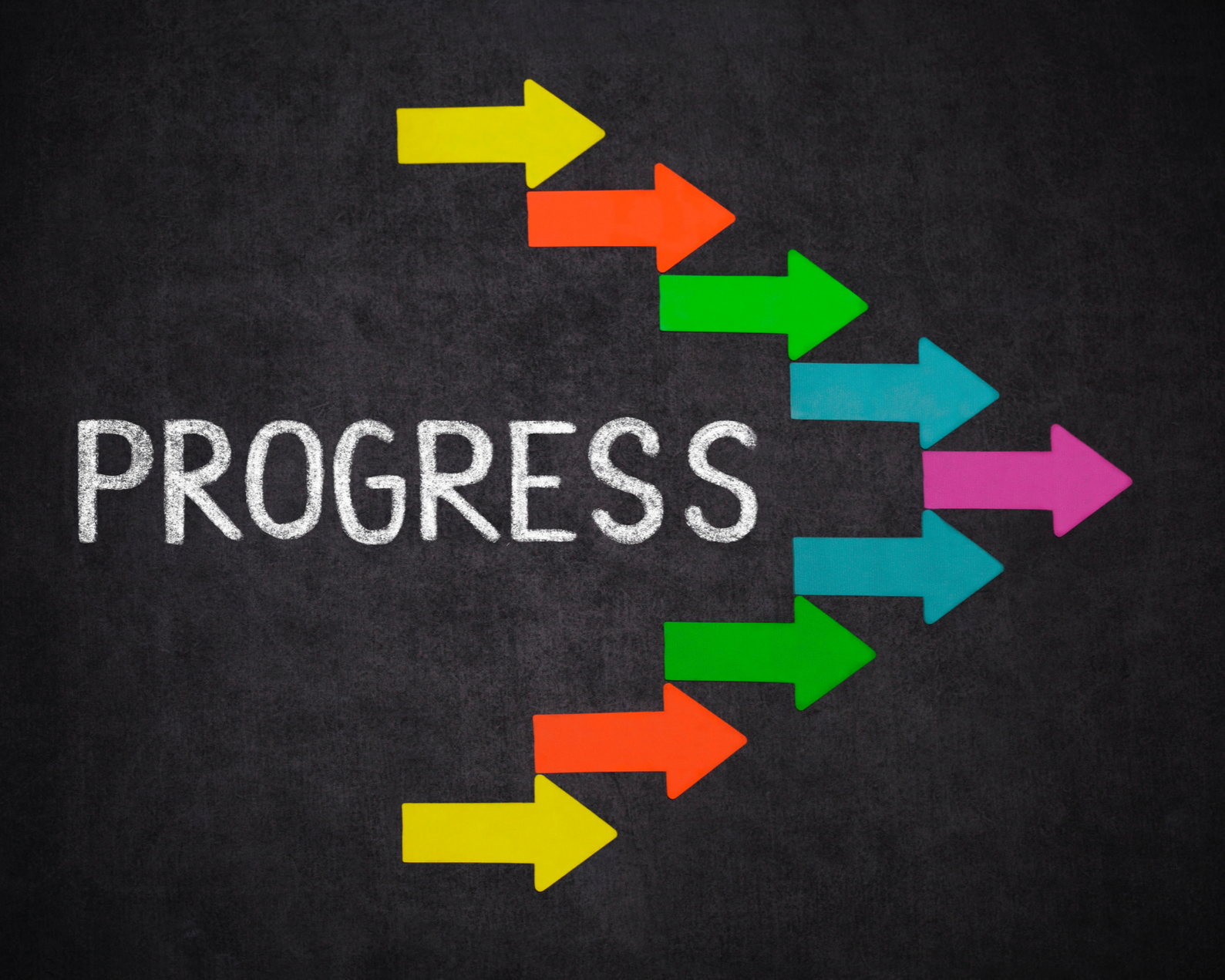 Color arrows moving right toward the word “Progress” on a dark background.
