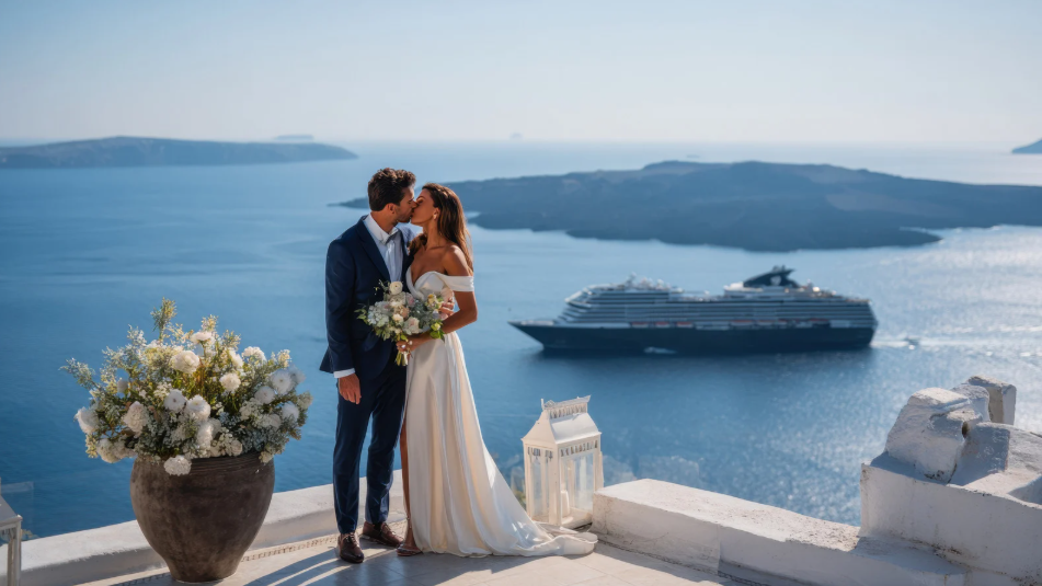 Bride and groom kissing on a seaside terrace overlooking the water, with a cruise ship in the background.