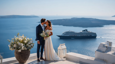 Event training: wedding prep & travel-ready fitness. Arrive confident and ready. Bride and groom kissing on a seaside terrace overlooking the water, with a cruise ship in the background.