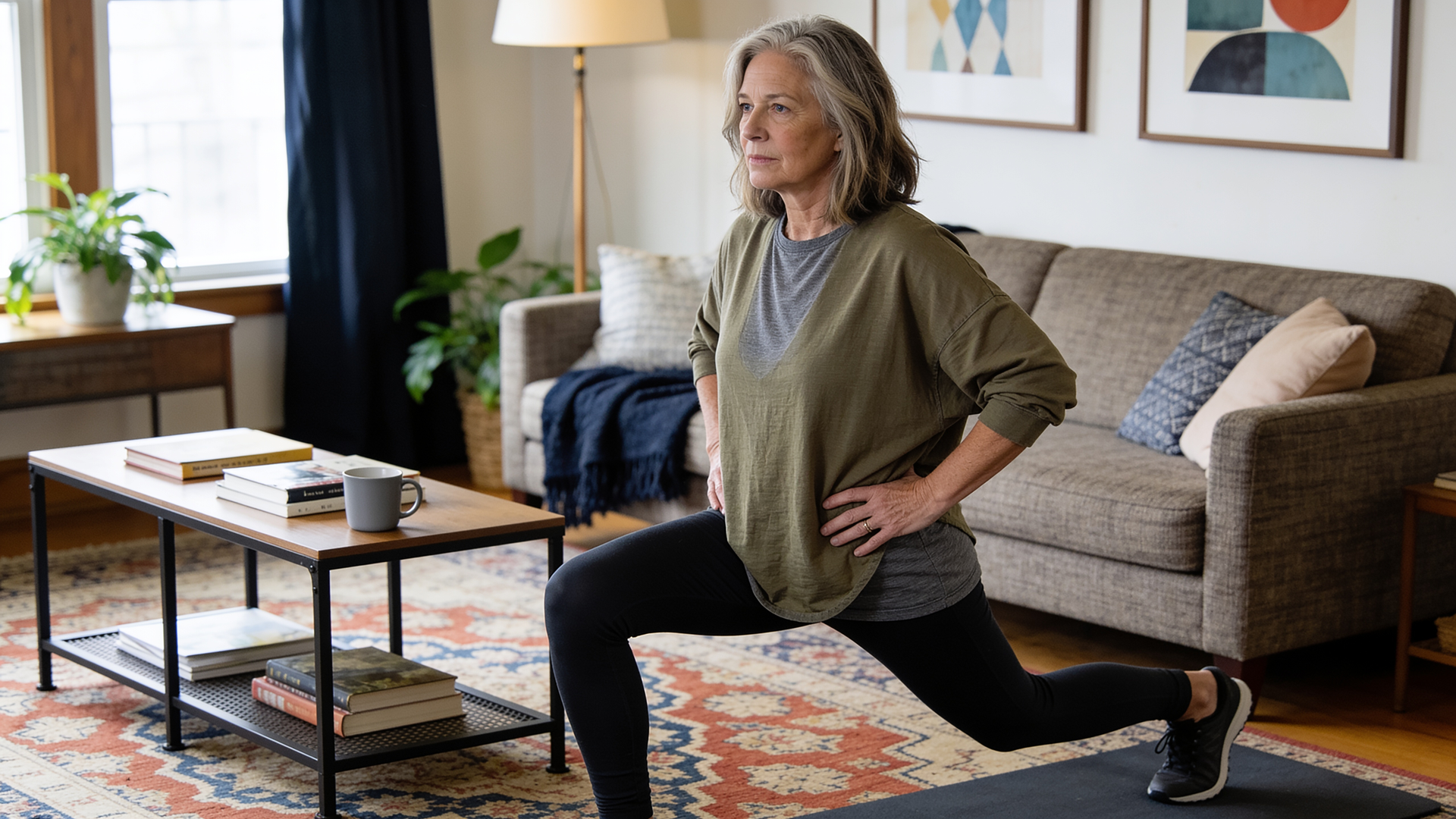 A woman in her late 50s performs a slow, controlled lunge with her hands on her hips in a furnished 