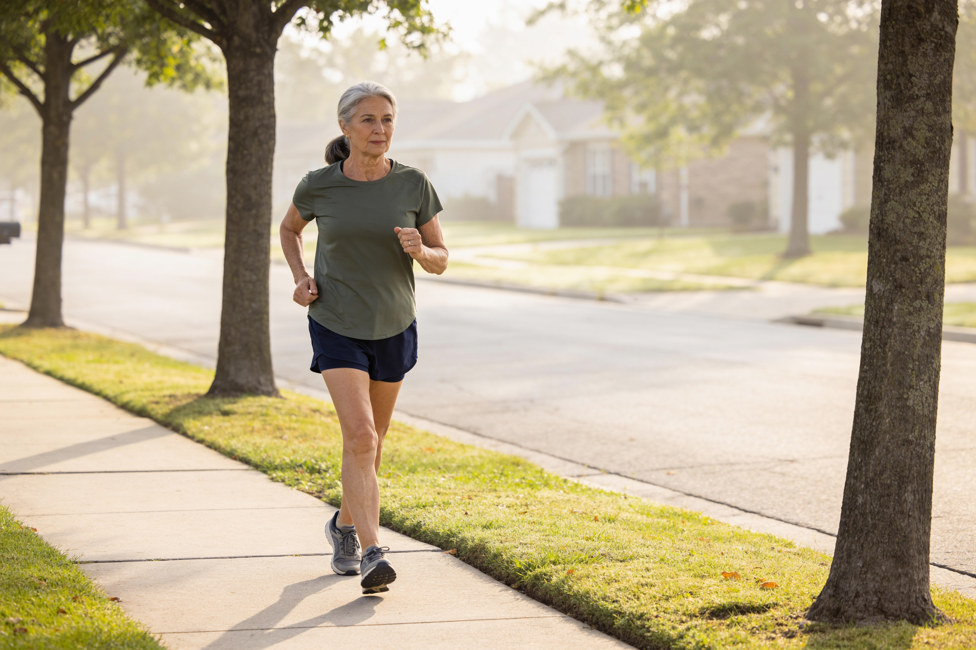 A woman in her early 60s walks at a steady, comfortable pace on a paved path, relaxed and breathing easily.
