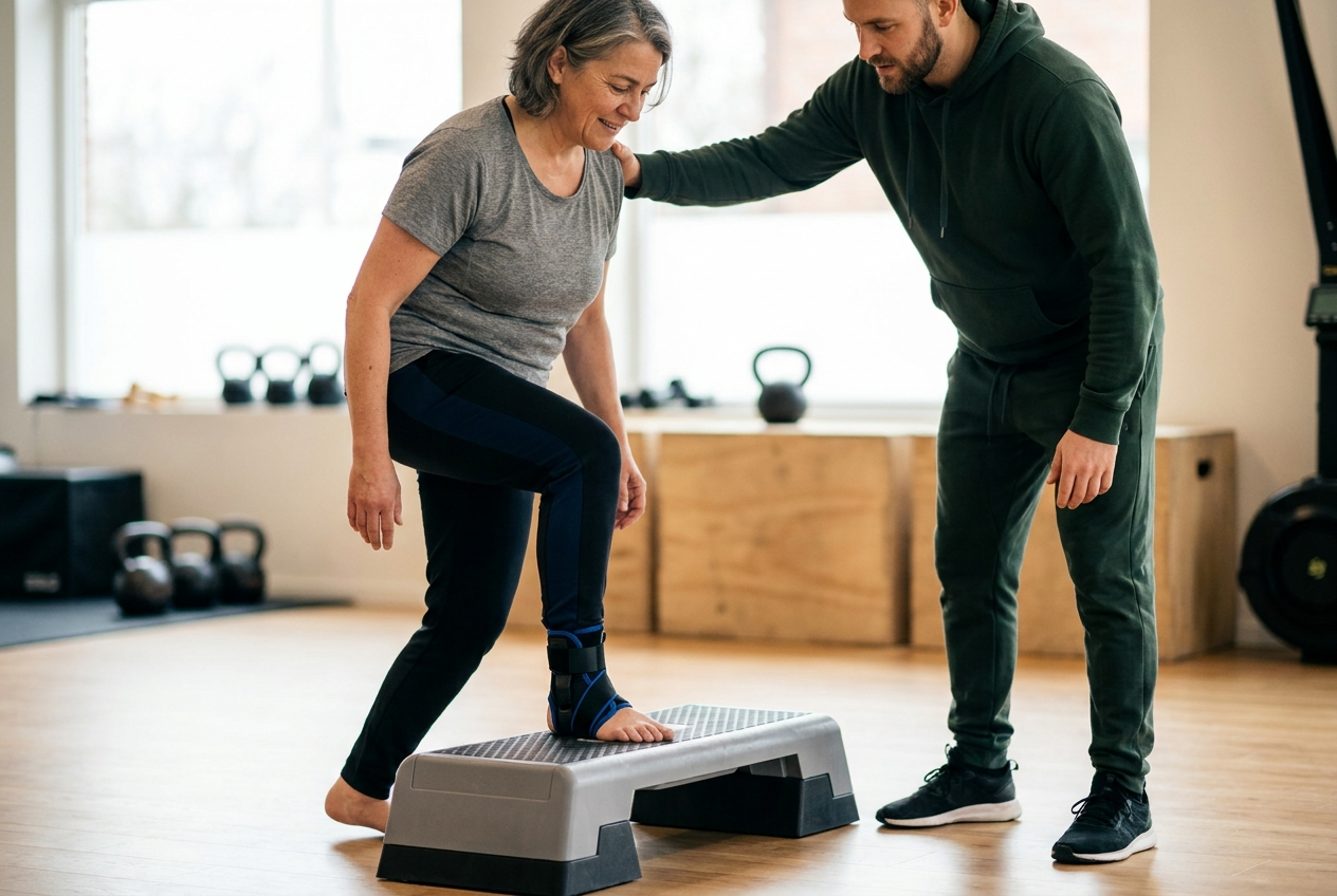 A person with a visible ankle brace does controlled small step-ups on a gym step platform while an attentive coach watches.