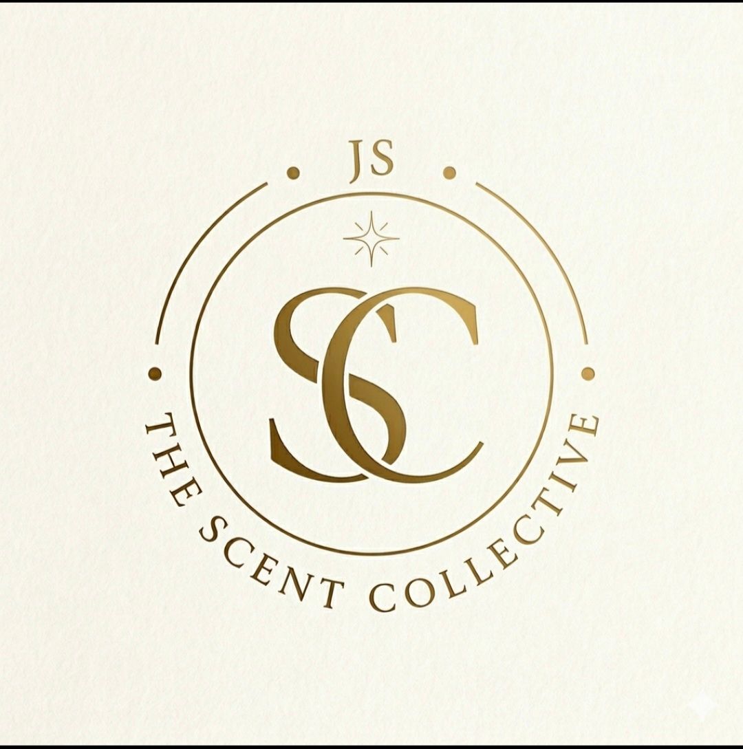 Gouden logo voor "JS The Scent Collective" met overlappende "SC"-letters in een cirkelvormig kader met een ster als accent.