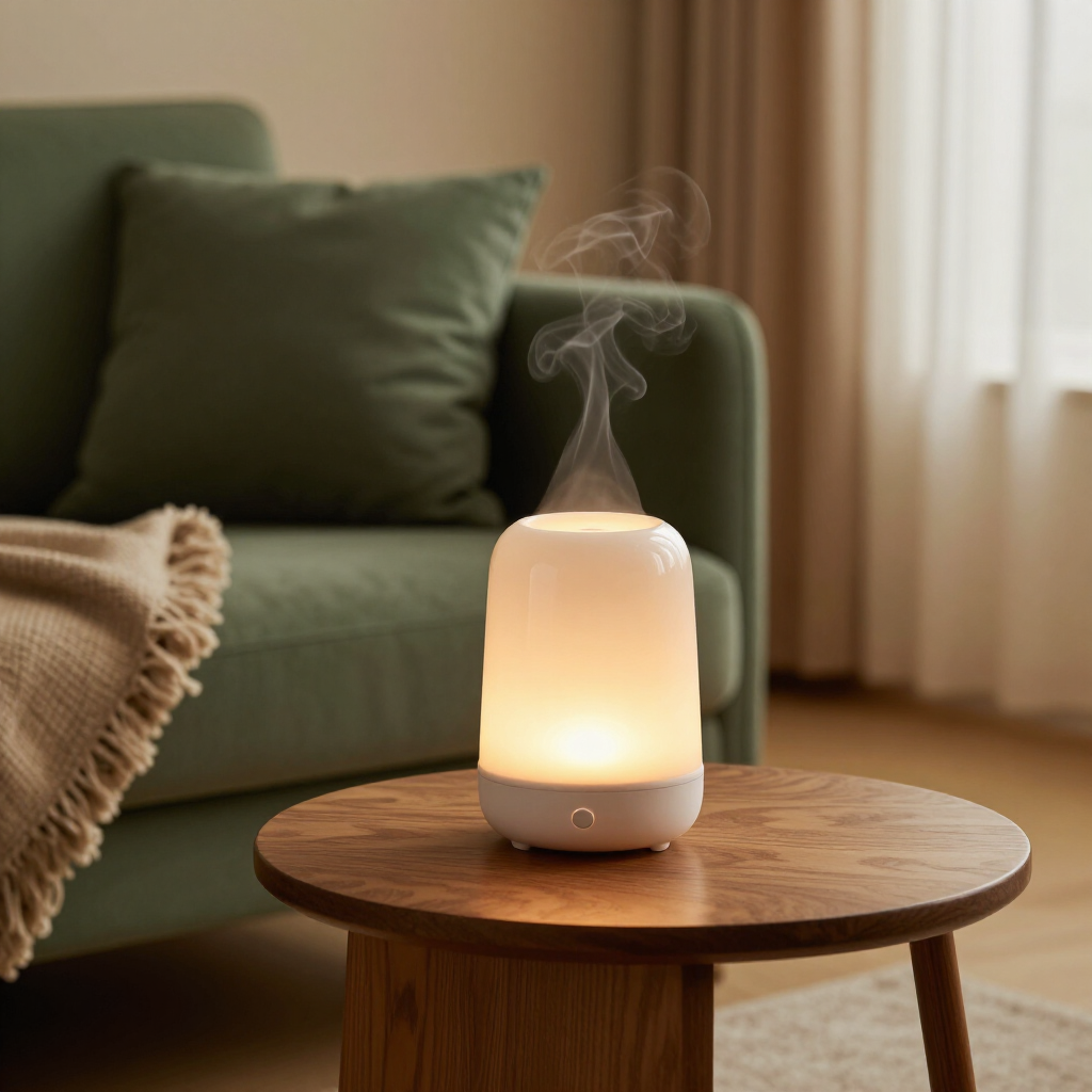 Een stralende, witte aromatherapiediffuser verspreidt een zachte nevel op een houten bijzettafel naast een groene bank.