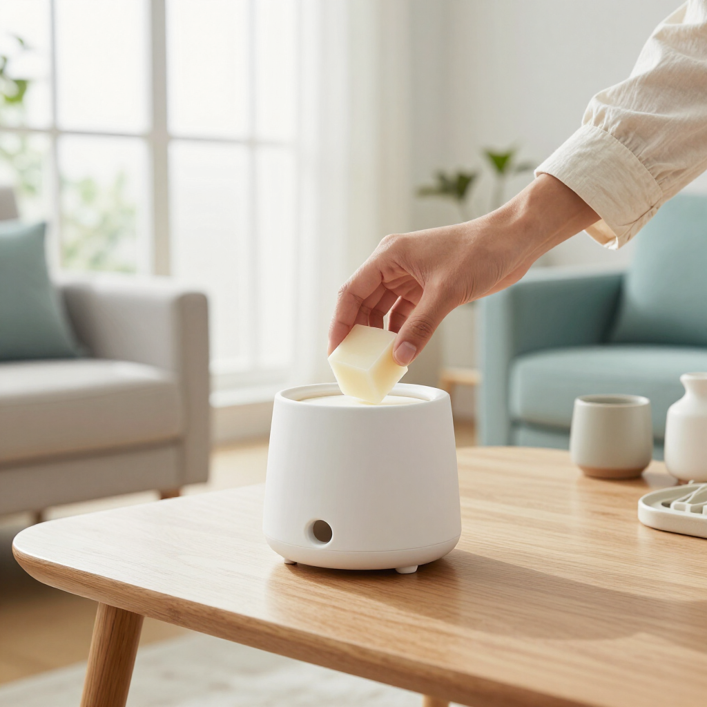 Een hand plaatst een wit wasblokje in een minimalistische, witte keramische wasbrander op een houten salontafel in een lichte kamer.