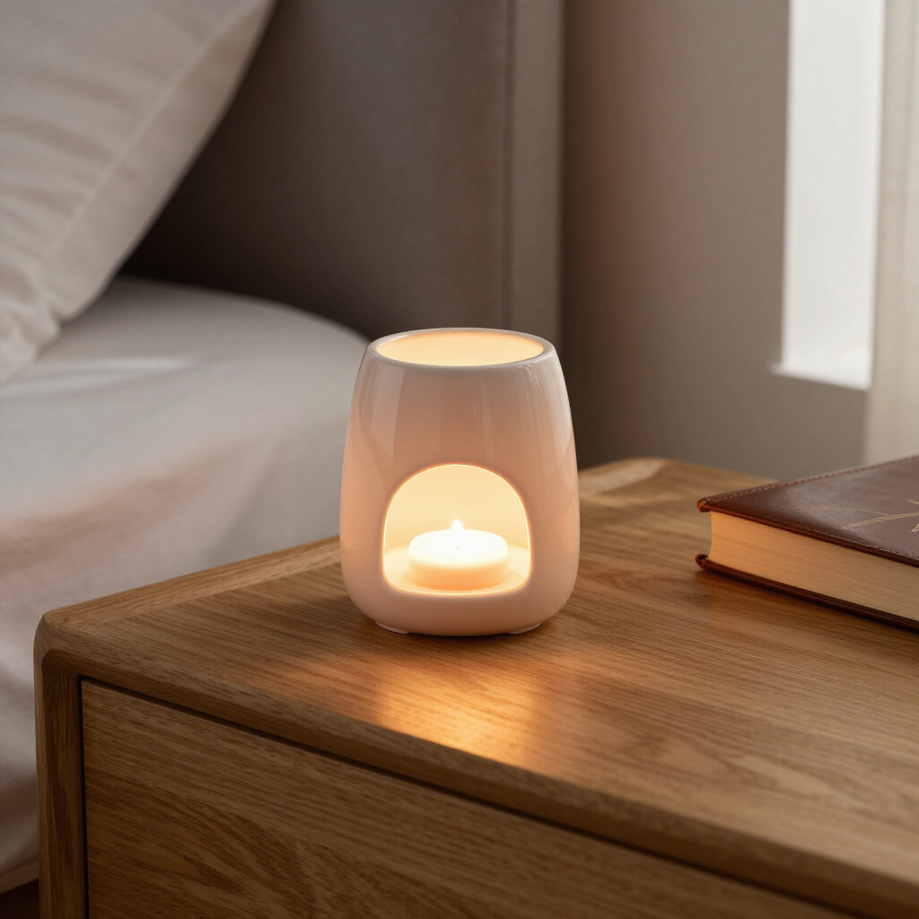 Een keramische oliebrander met een brandend theelichtje erin staat op een houten nachtkastje naast een boek.