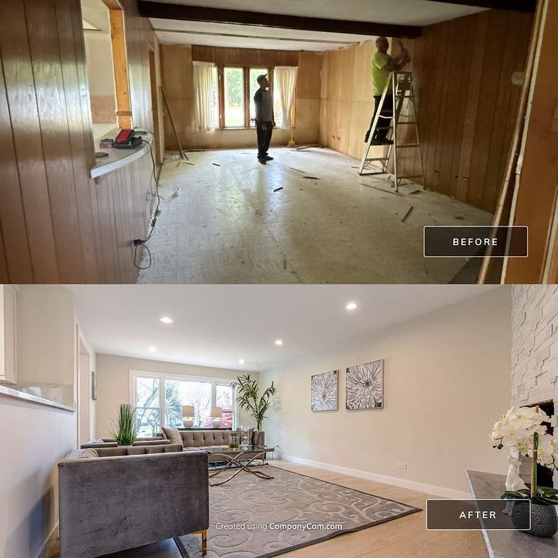 Before-and-after of living room remodel.  Old room: wood paneling, workers. New room: light walls, modern furniture.