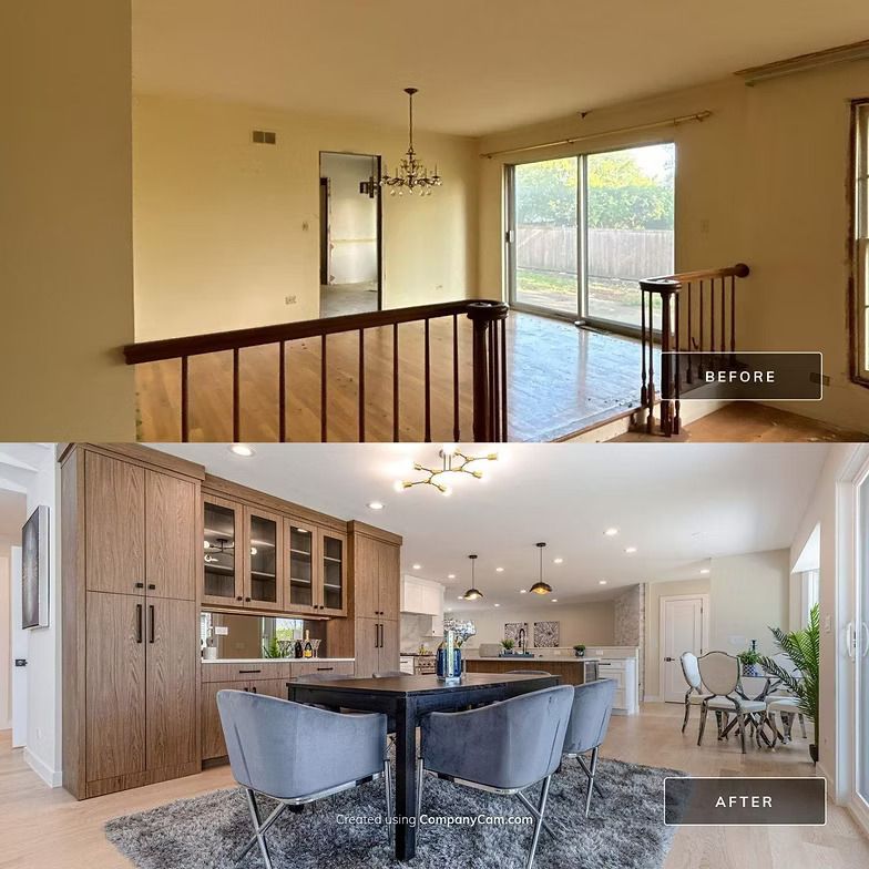 Before-and-after dining room renovation: old room with yellow walls; new room with modern cabinetry, table, chairs, and rug.