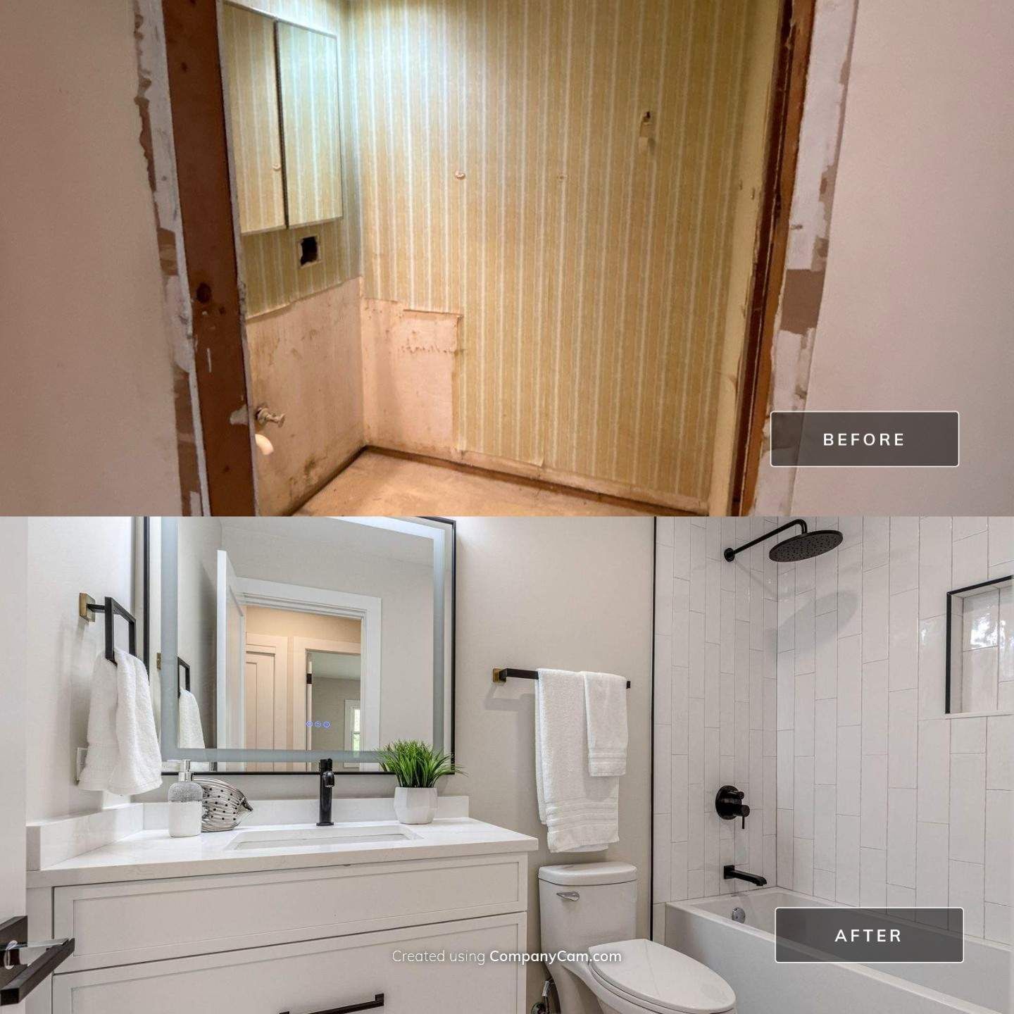 Bathroom remodel before and after: old room with peeling wallpaper transformed to modern white with black fixtures.