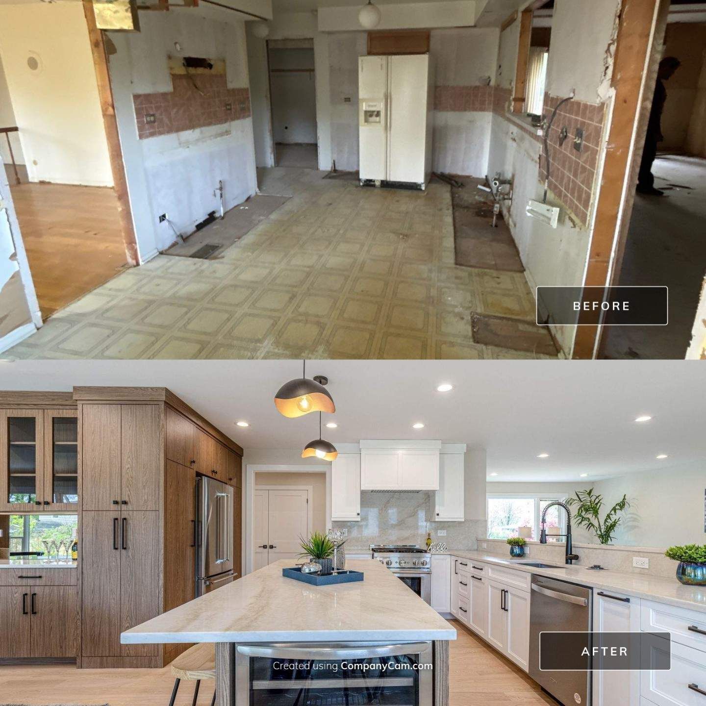 Kitchen before and after renovation. Old room with exposed walls compared to modern kitchen with island.