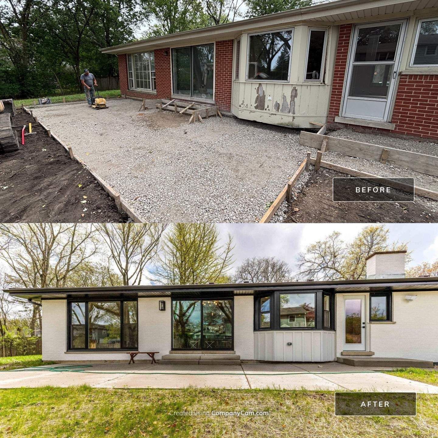 Before and after photo of a home renovation. Top: old brick home with gravel. Bottom: renovated white home with black trim.