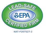 Lead-Safe Certified Firm logo. Green oval with 