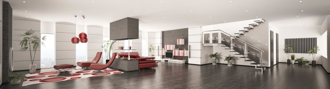 Interior of modern apartment living room hall panorama 3d render