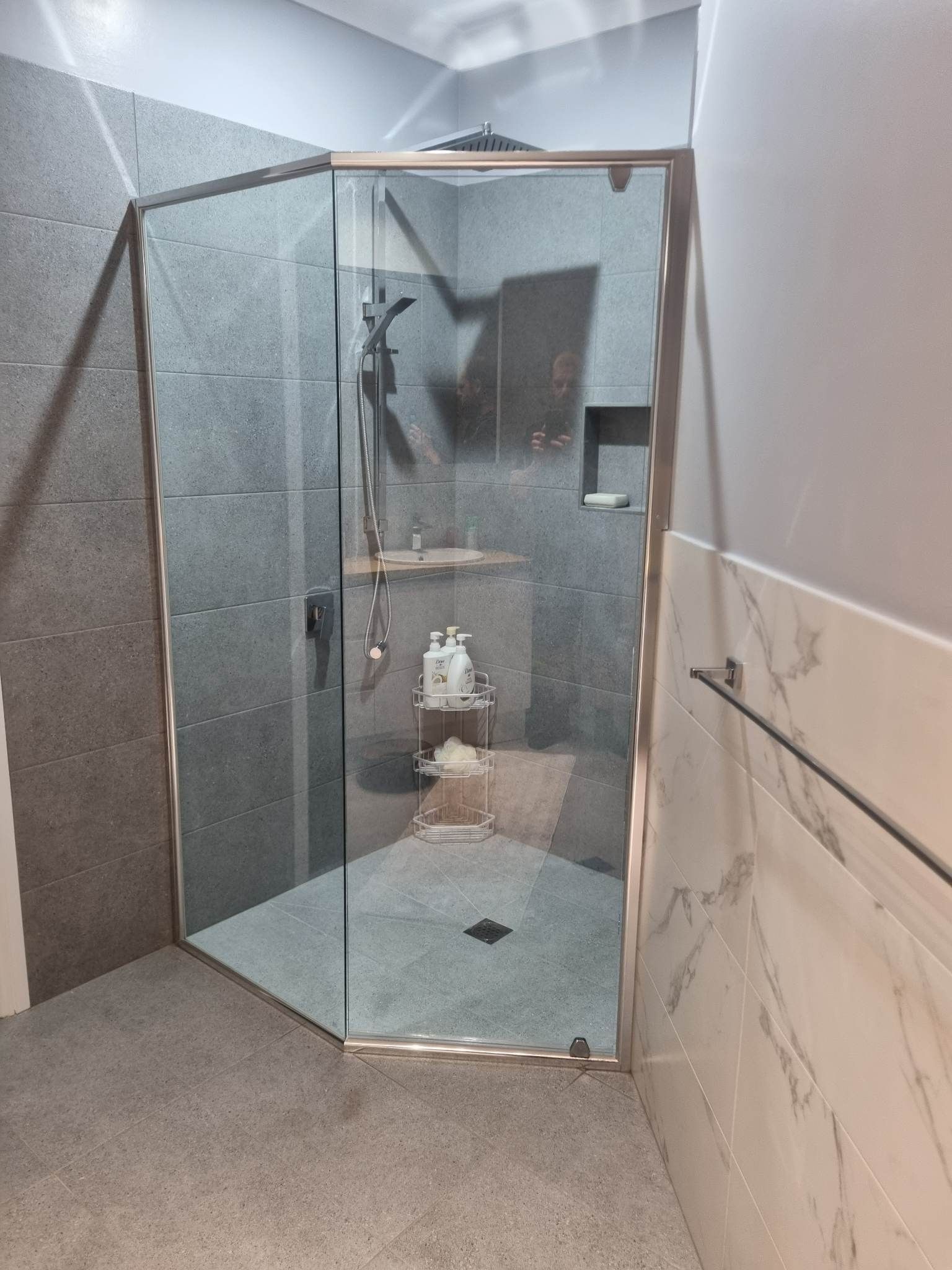 Corner Shower With Glass Doors — K & J Glass in Macksville, NSW