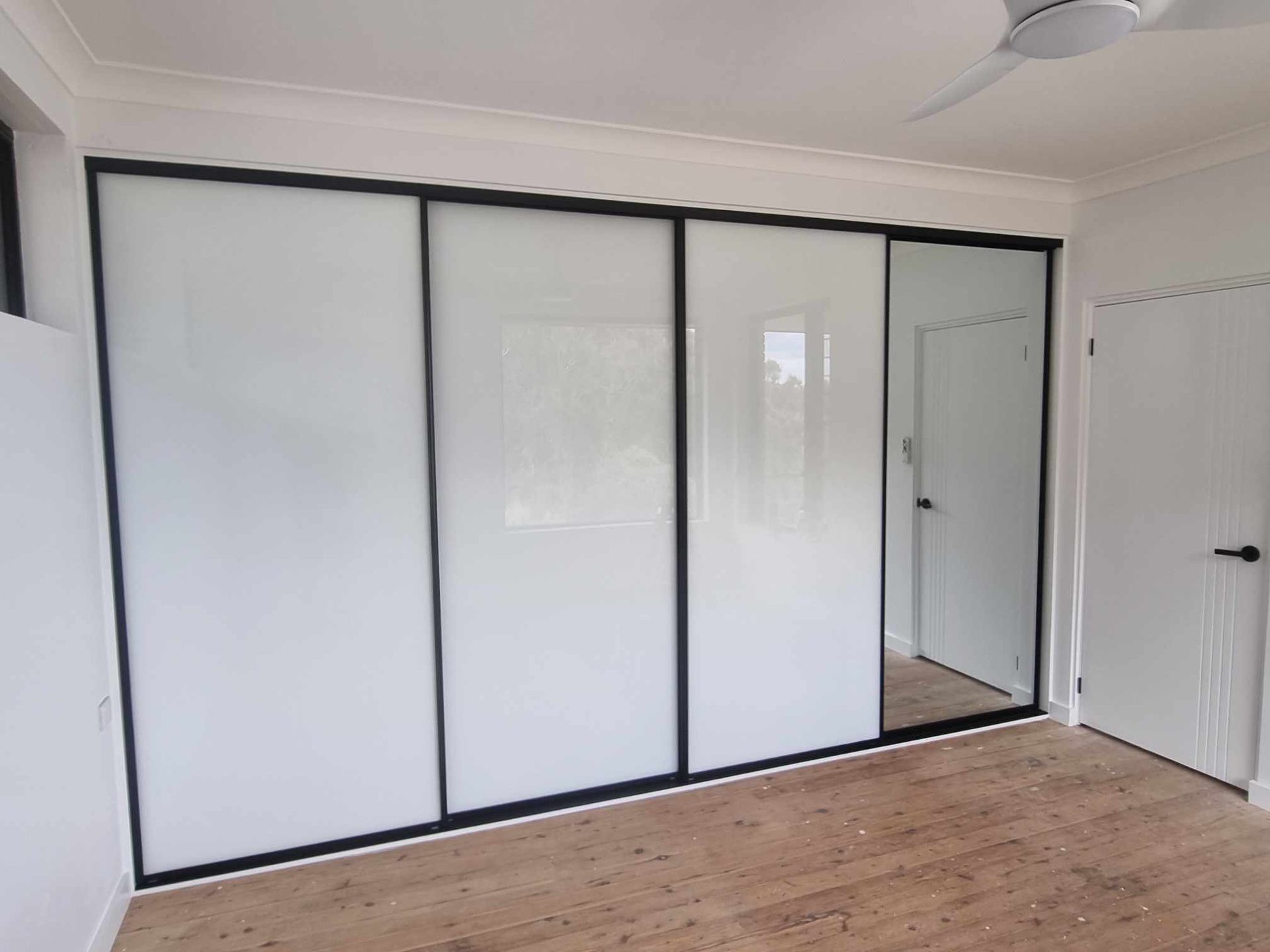 Sliding Glass Wardrobe Doors With White Frosted Panels — K & J Glass in Warrell Creek, NSW