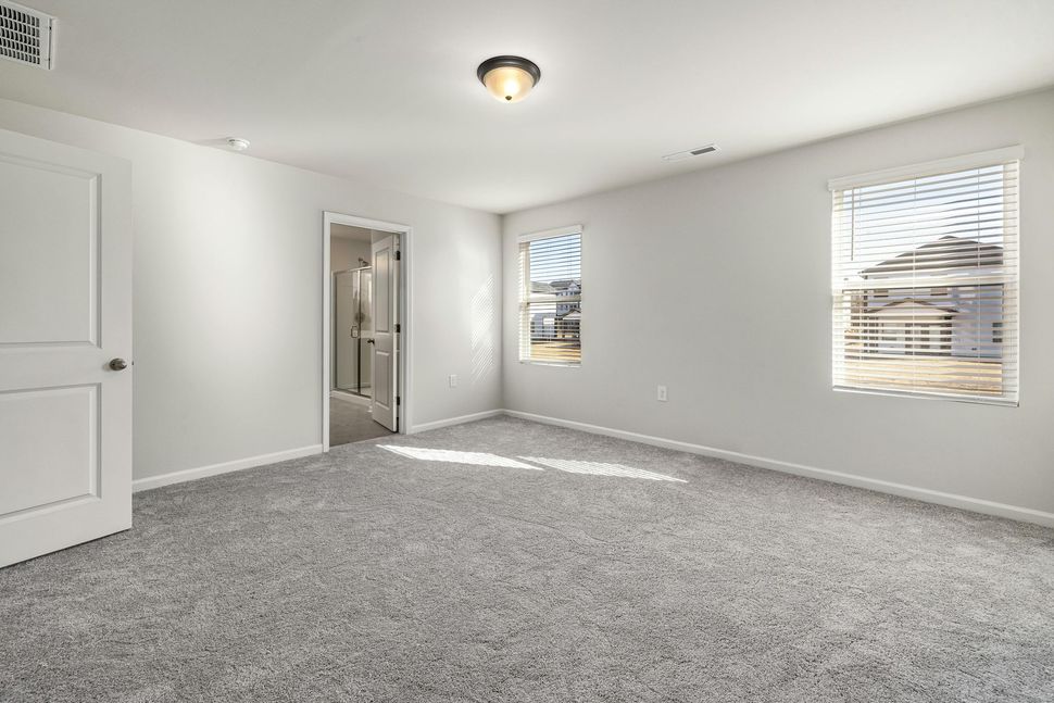 An empty bedroom with a carpeted floor and two windows.