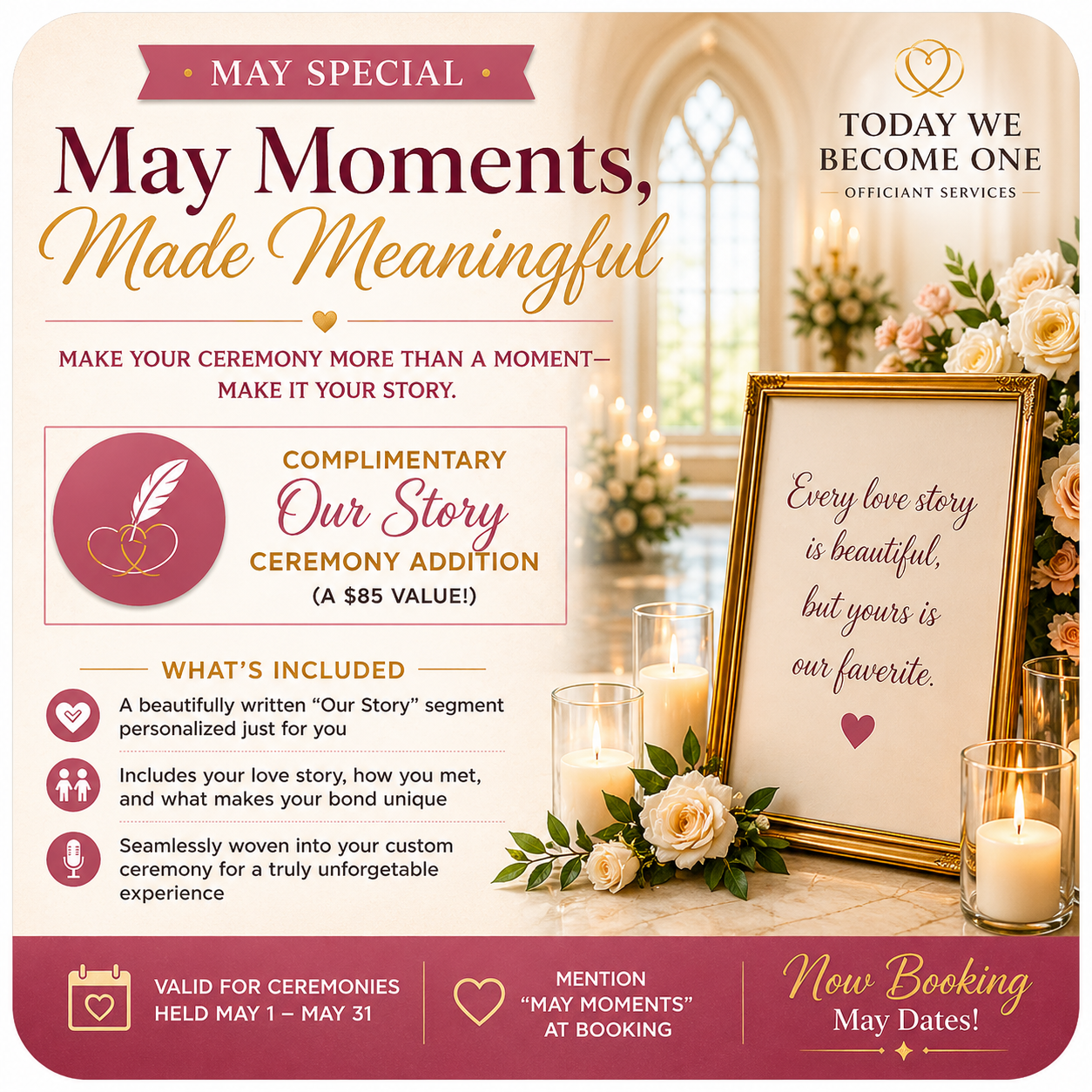 April wedding promotion graphic featuring a unity sand ceremony and offer for a complimentary unity ceremony with personalized script and guided explanation at Today We Become One in Palm Desert
