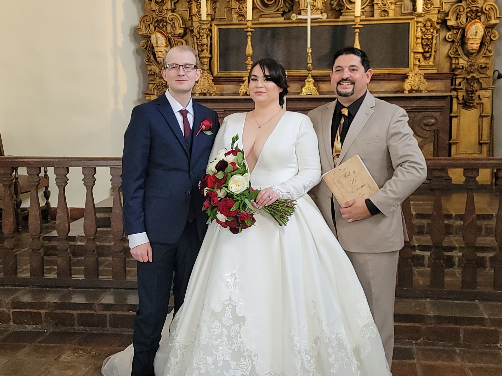 San Diego Chapel Wedding photo with couple and Rev. Steve