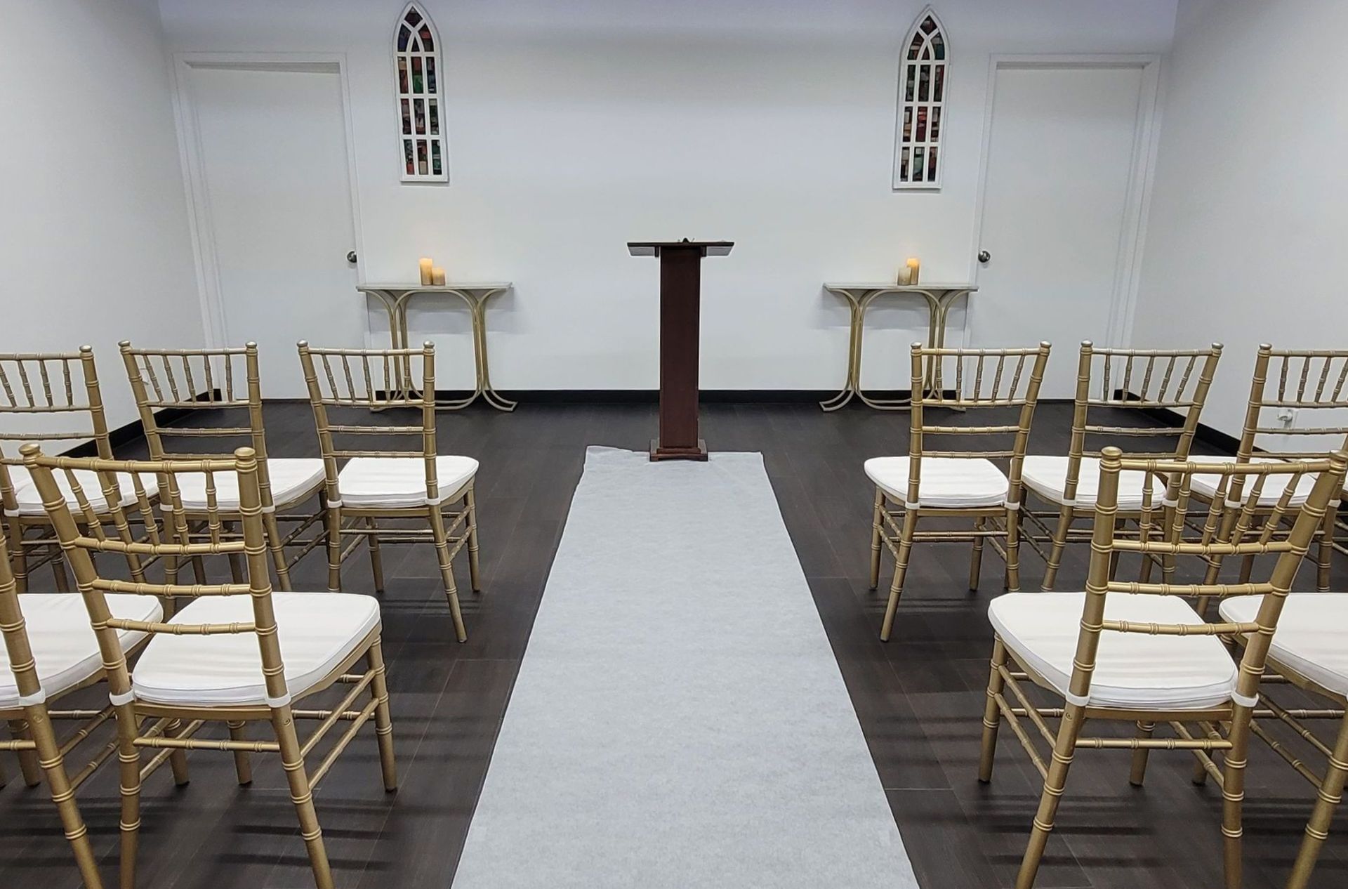 White and Gold Theme Wedding Decorations in the Today We Become One Wedding and Event Chapel in Palm Desert, CA