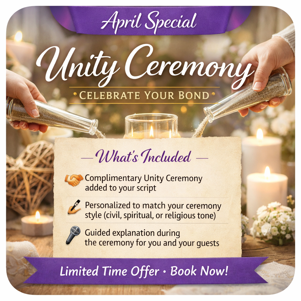 April wedding promotion graphic featuring a unity sand ceremony and offer for a complimentary unity ceremony with personalized script and guided explanation at Today We Become One in Palm Desert
