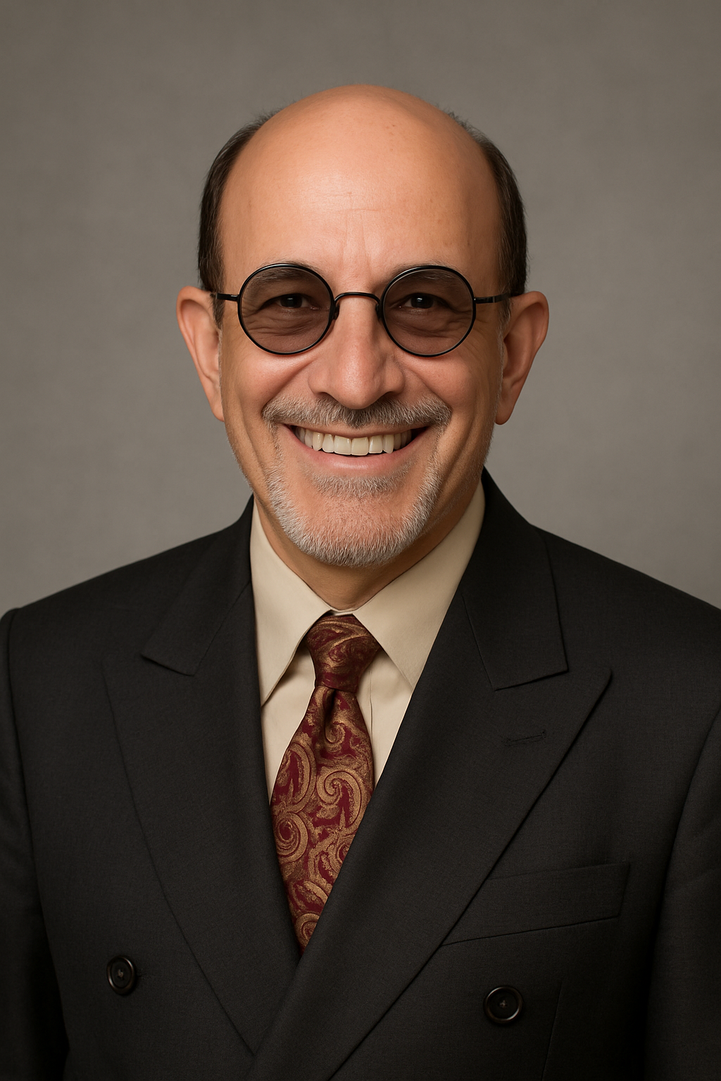 Man in suit smiling, wearing round, dark glasses. He has a reddish patterned tie and a light-colored shirt.