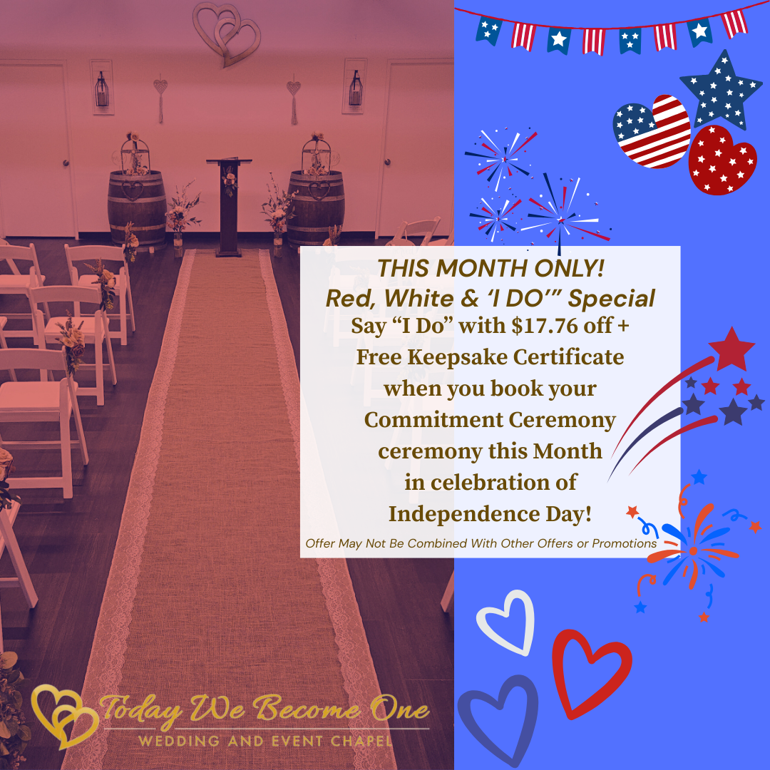 Wedding chapel ad: Red, white, and blue theme. Offers $17.76 off & a certificate for commitment ceremonies in July.