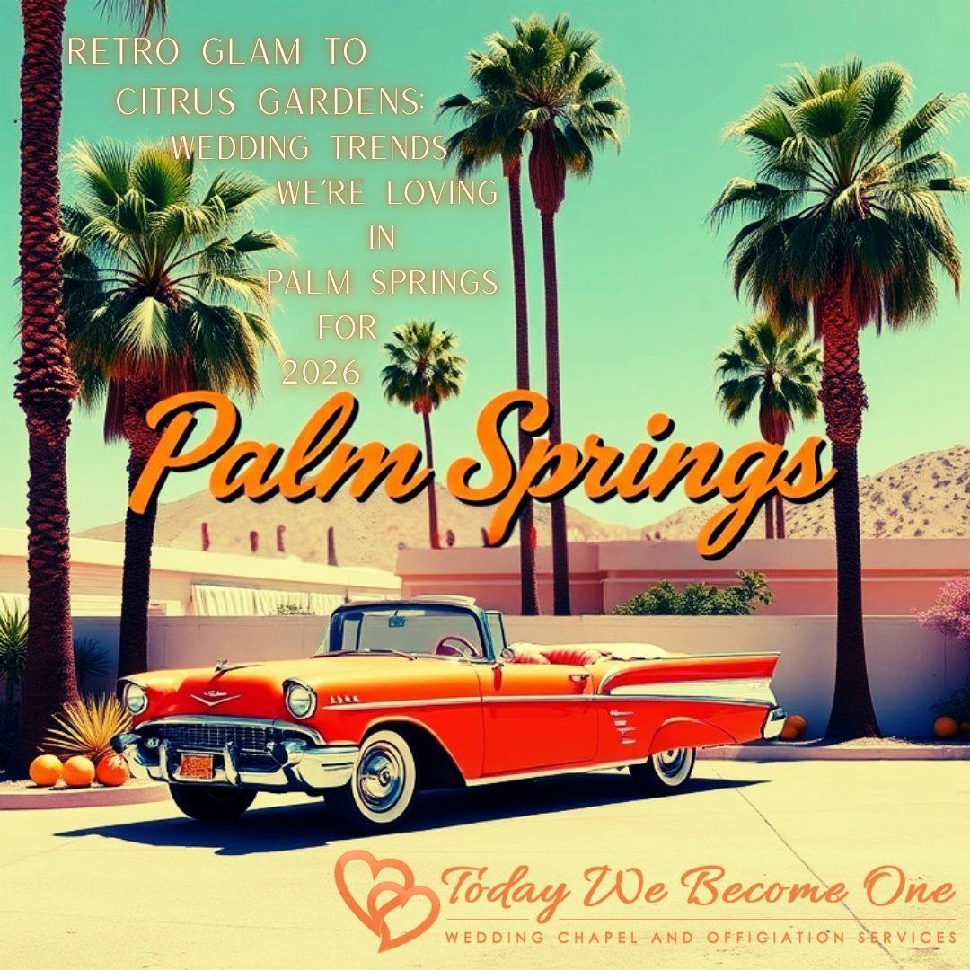 Vintage orange convertible in Palm Springs with palm trees, text