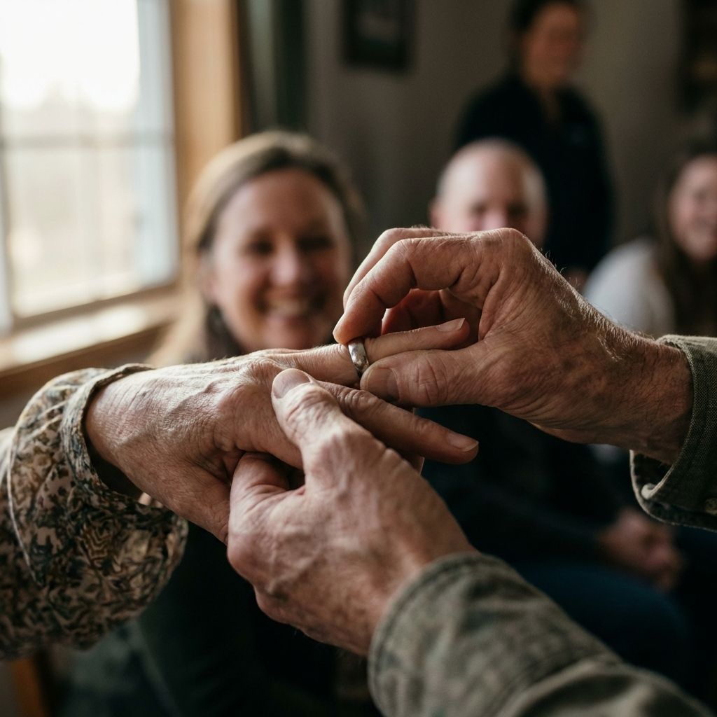 Man's hands placing a ring on a person's finger, with smiling people in background. Indoors.
