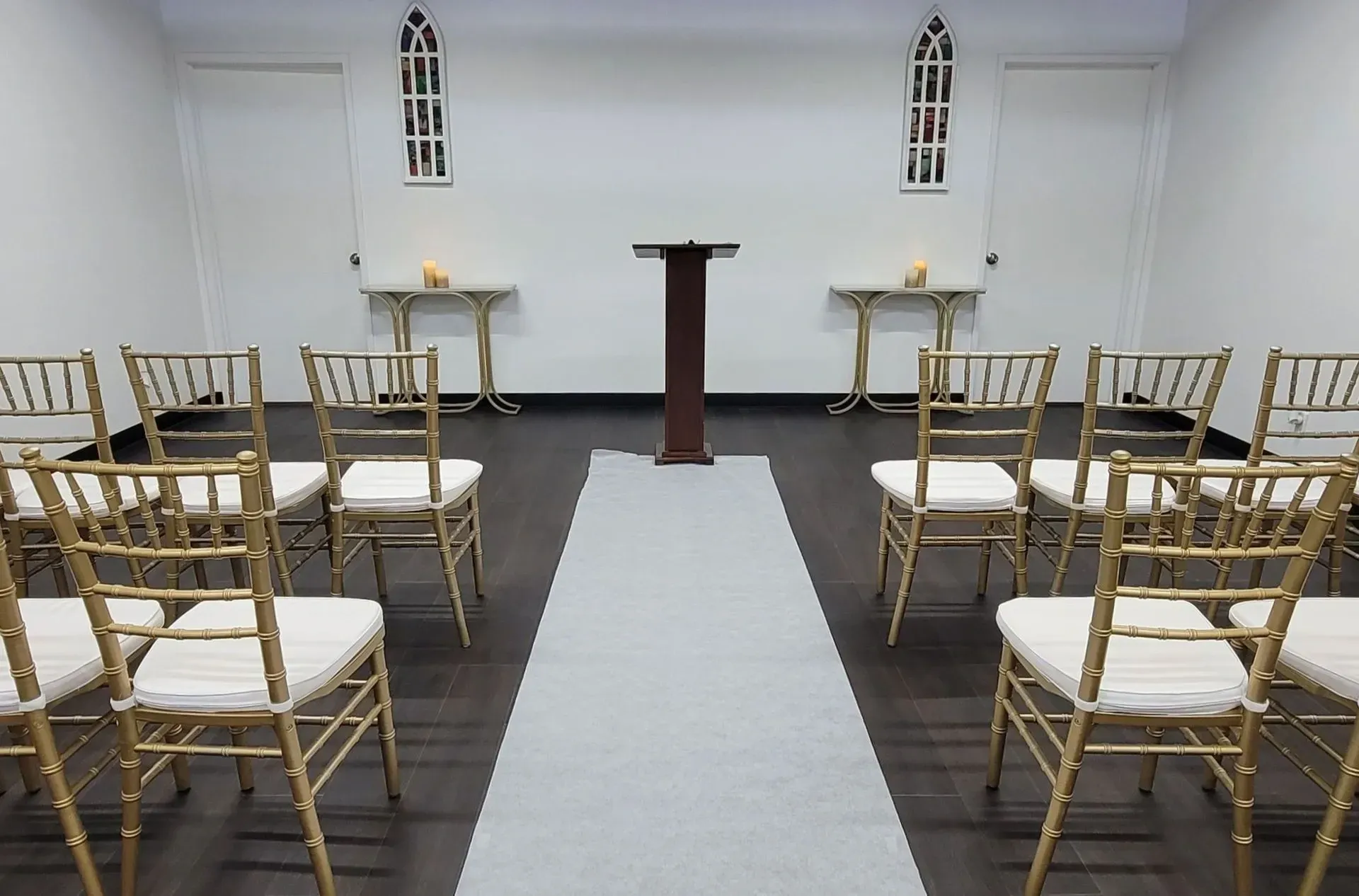 White and Gold Theme Wedding Decorations in the Today We Become One Wedding and Event Chapel in Palm Desert, CA