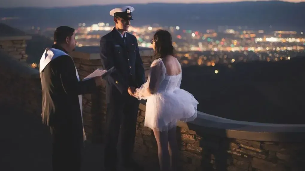 Rev. Steve at the Vista Point Overlook on Hwy 74 at Dawn with this Navy Groom and His Bride