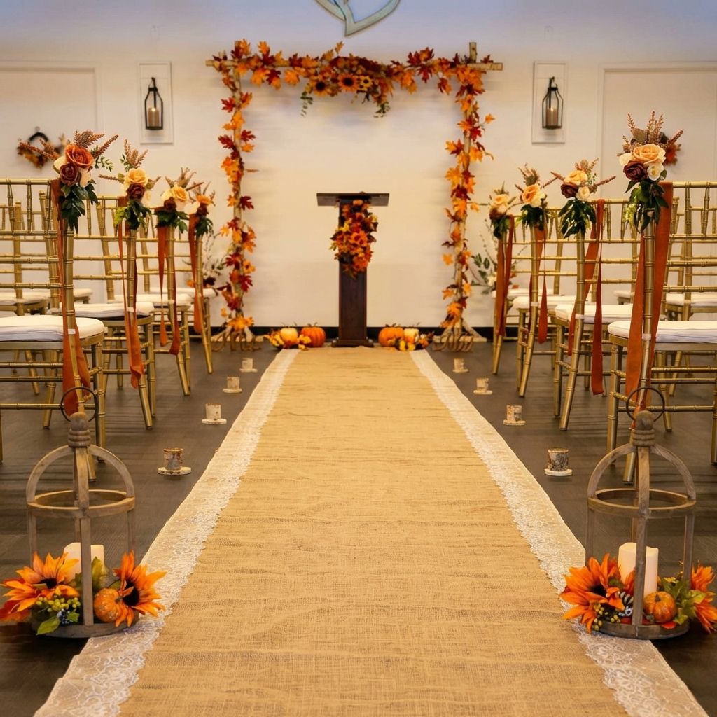 Wedding ceremony setup with fall theme, aisle with burlap runner, gold chairs, and floral decorations in orange hues.