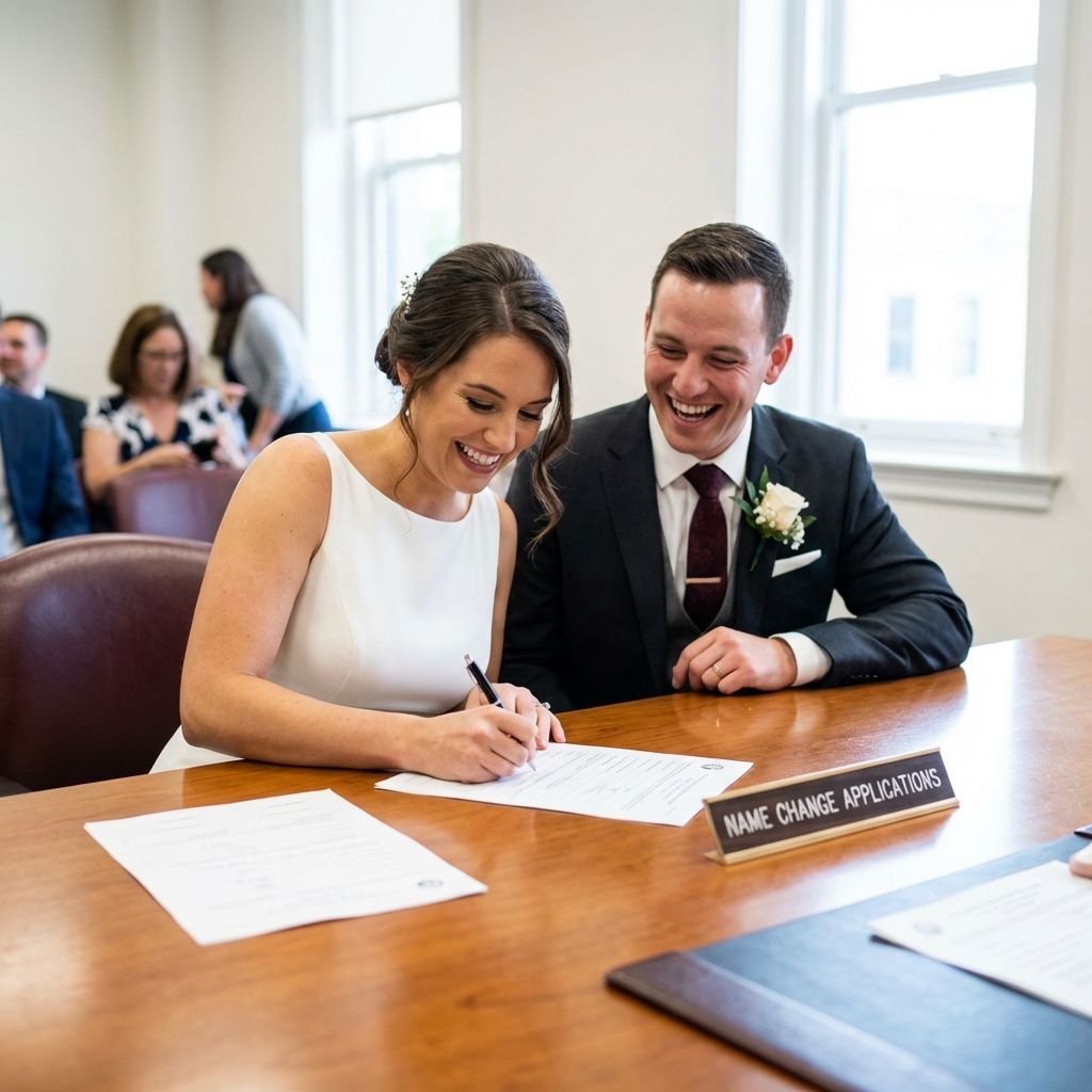 Bride signing a document, groom smiles next to her at a wooden table in a government building.