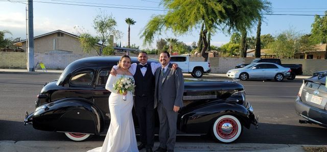 Classic Car and Cool Couple Photo with Rev. Steve after their wedding ceremony