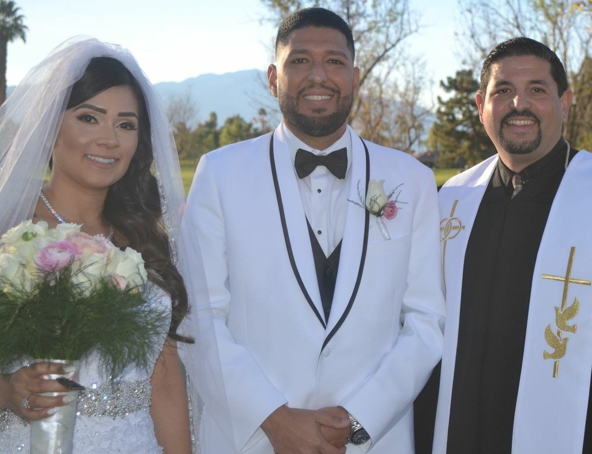 Black and White Theme Religious Wedding for this Couple at WoodHaven County Club in Bermuda Dunes alongside Rev. Steve