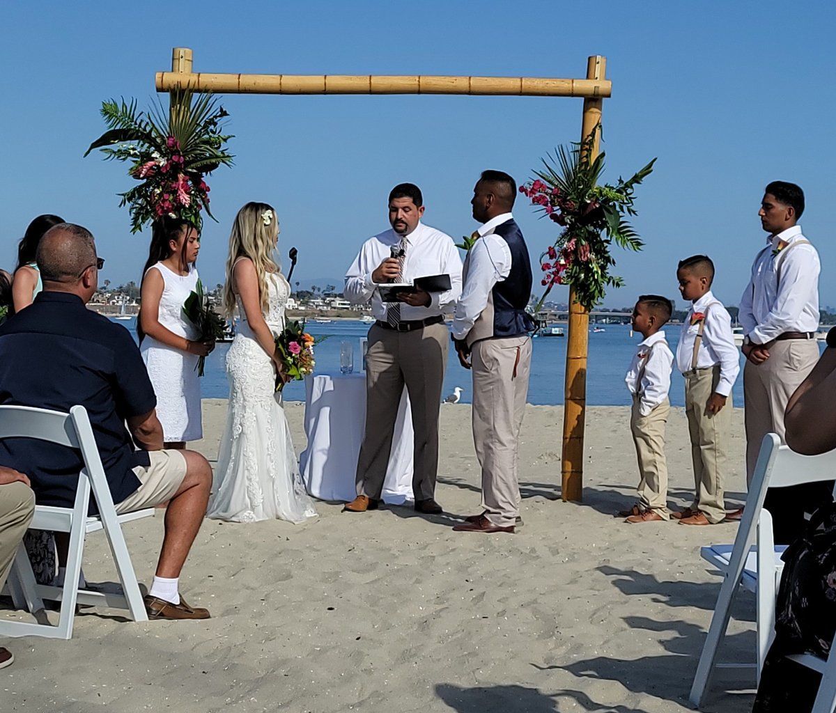 Tropical Theme wedding in San Diego with friends and family officiated  by Rev. Steve