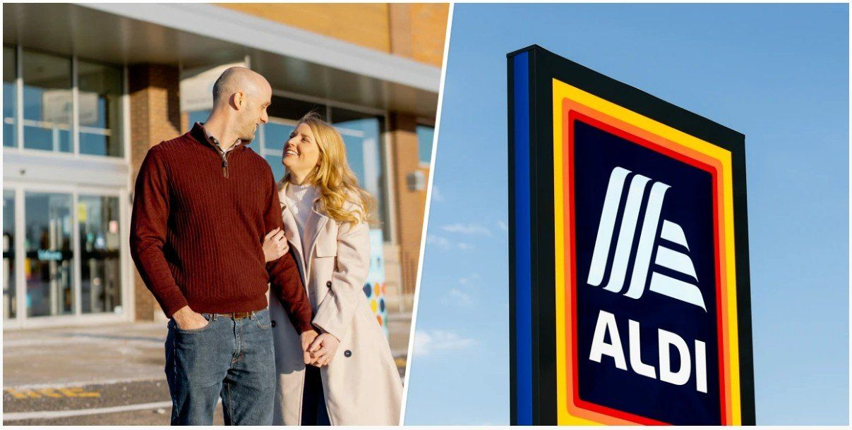 Couple in front of an Aldi Store and Aldi signage