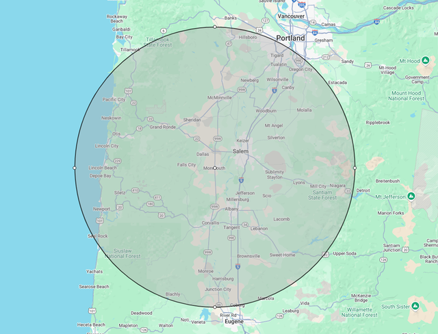 A map of a city with a circle around it.