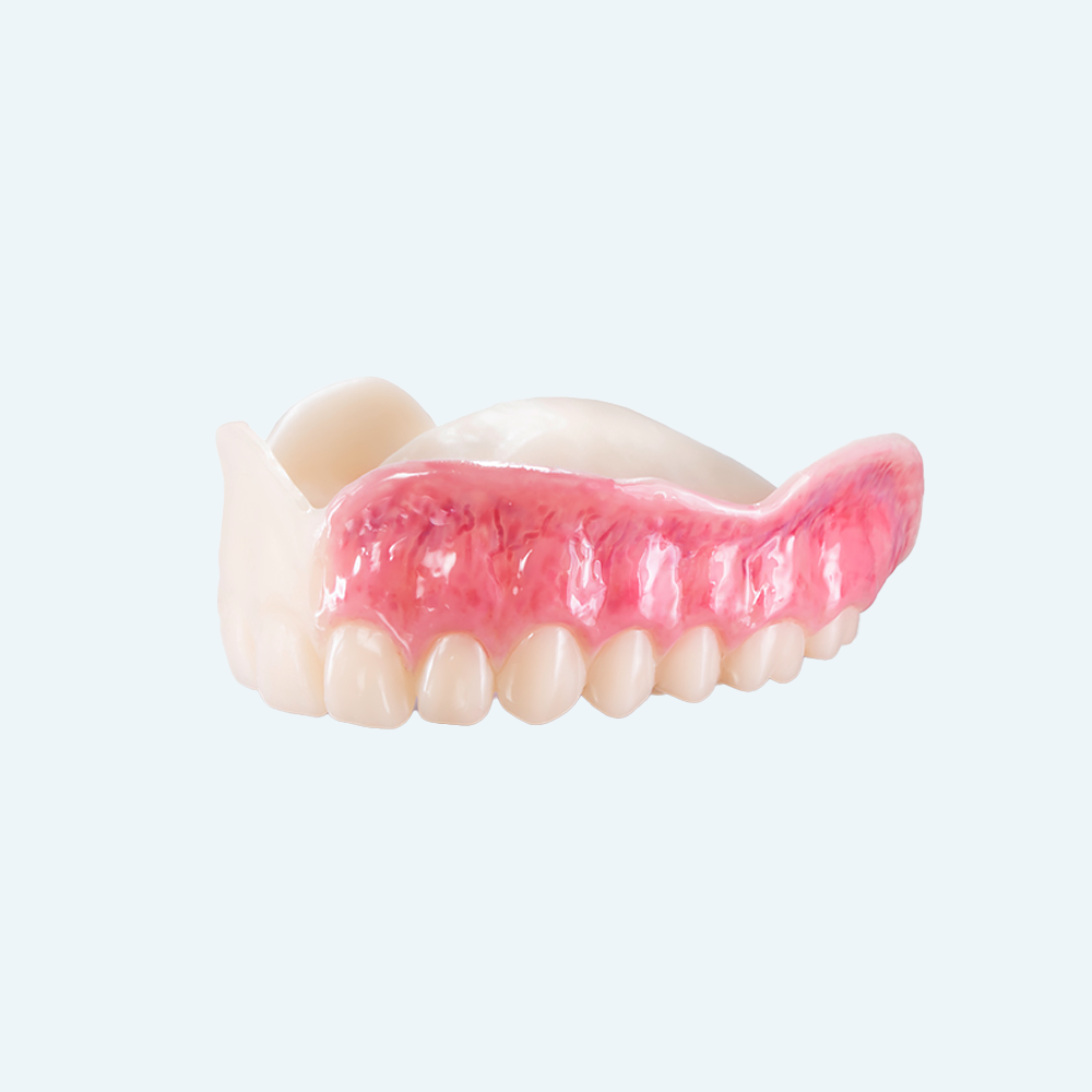 Upper denture with pink gum and white teeth.