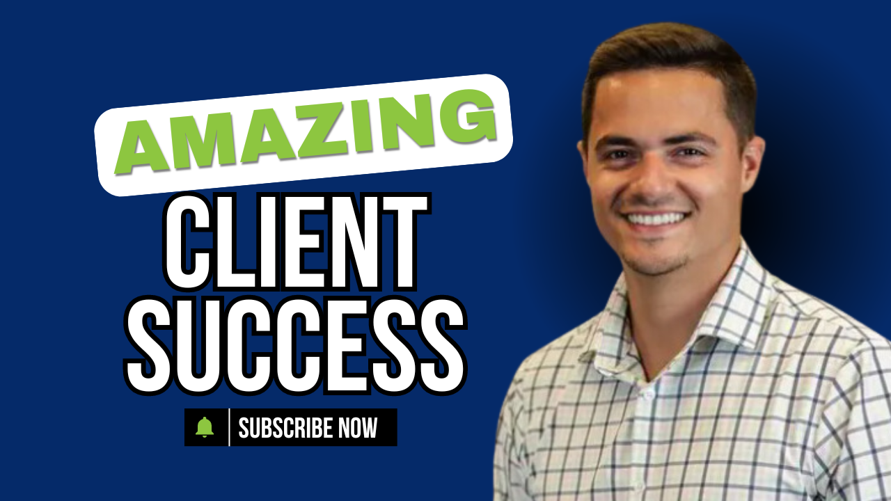 josh jam in a plaid shirt is smiling in front of a blue background that says amazing client success.