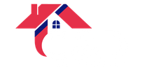 A red and blue house with a blue stripe on the roof.