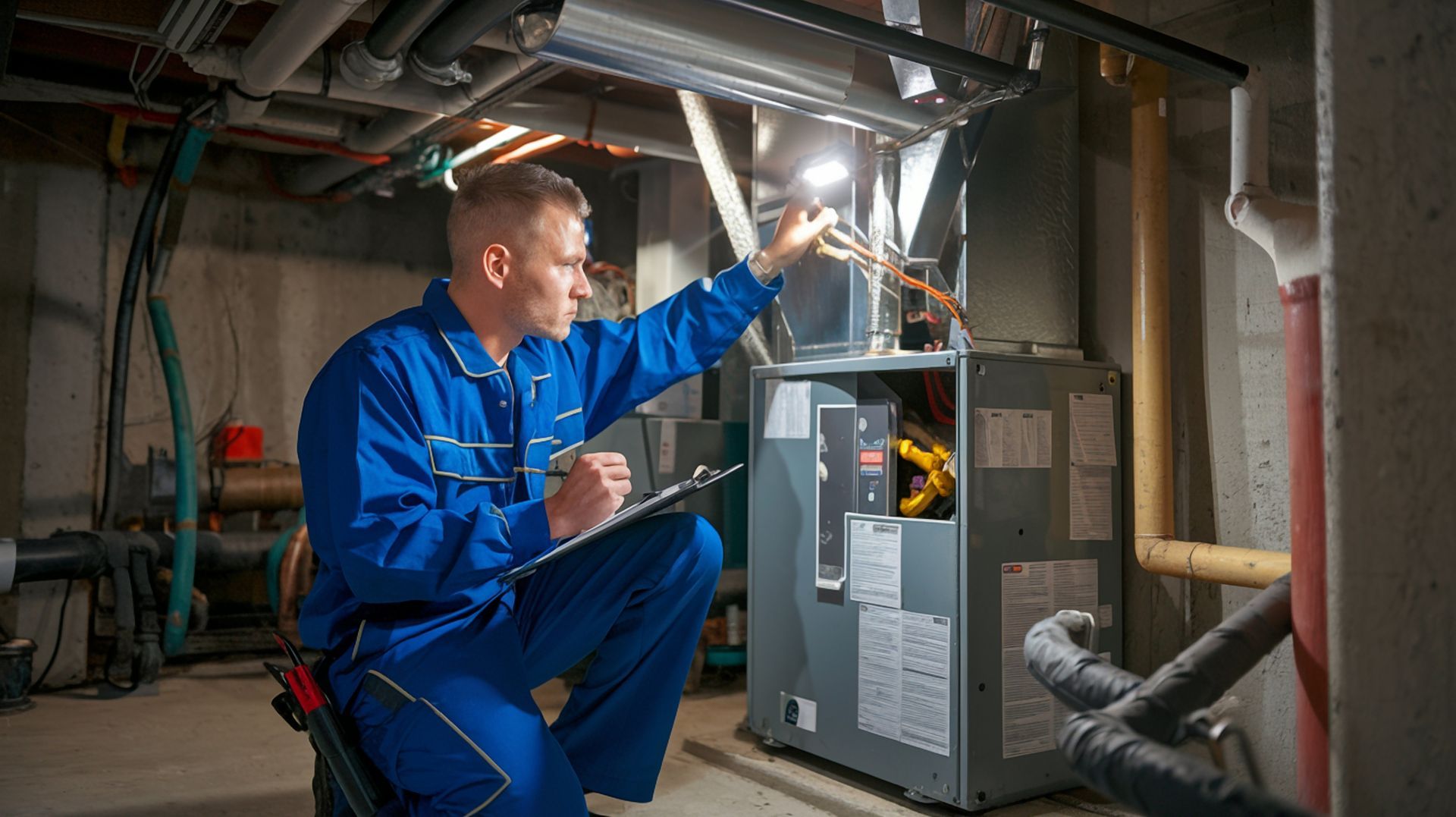 A person in a blue uniform kneels in a basement, inspecting a furnace while writing on a clipboard.