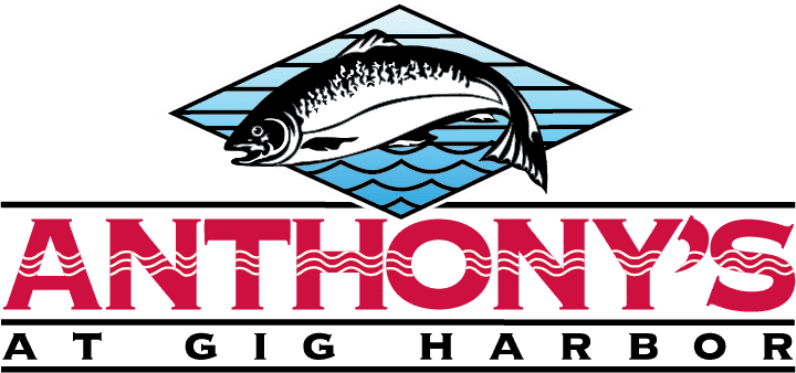 A logo for anthony 's at gig harbor with a fish on it