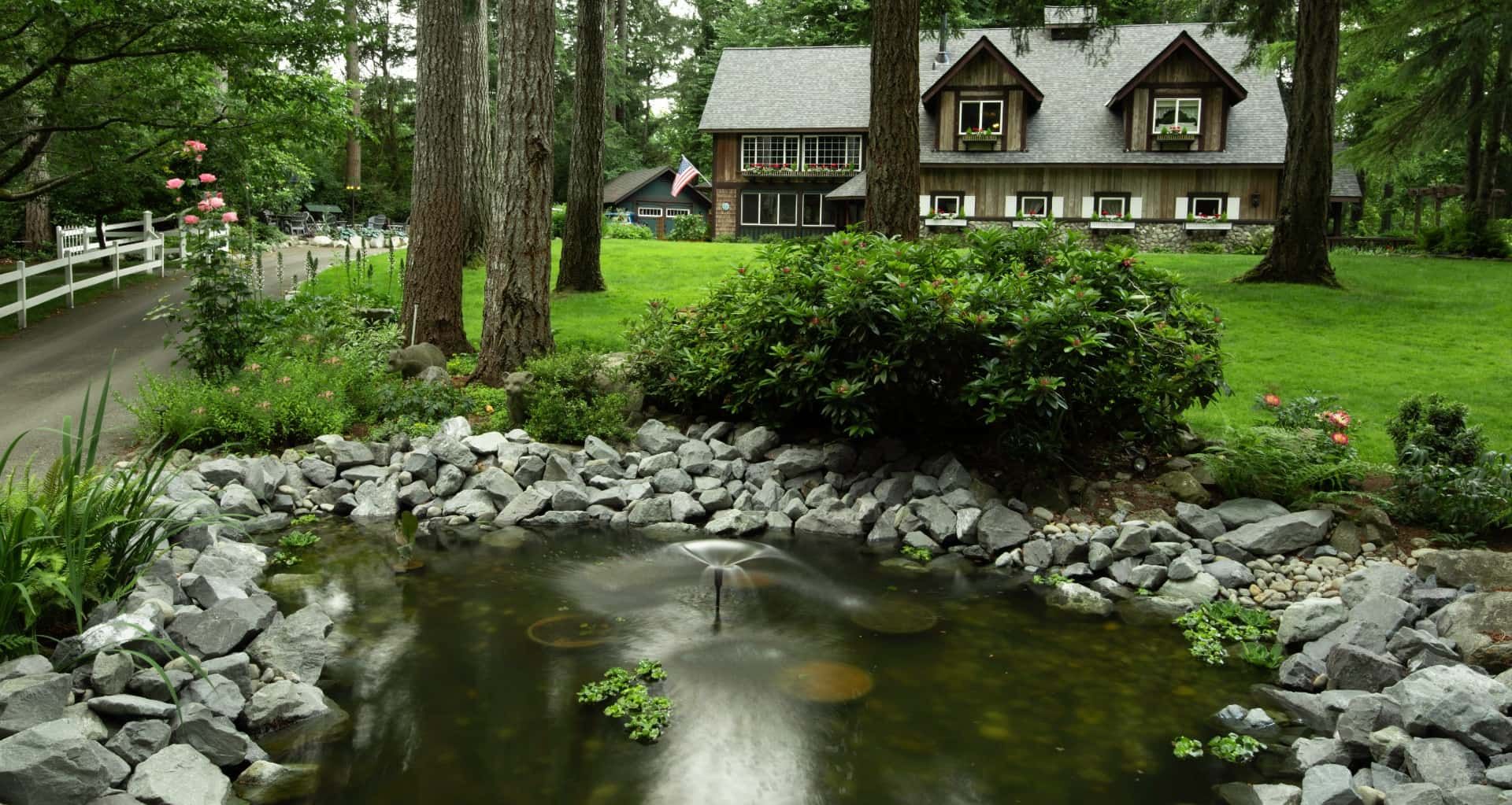 A pond in a garden with a house in the background.