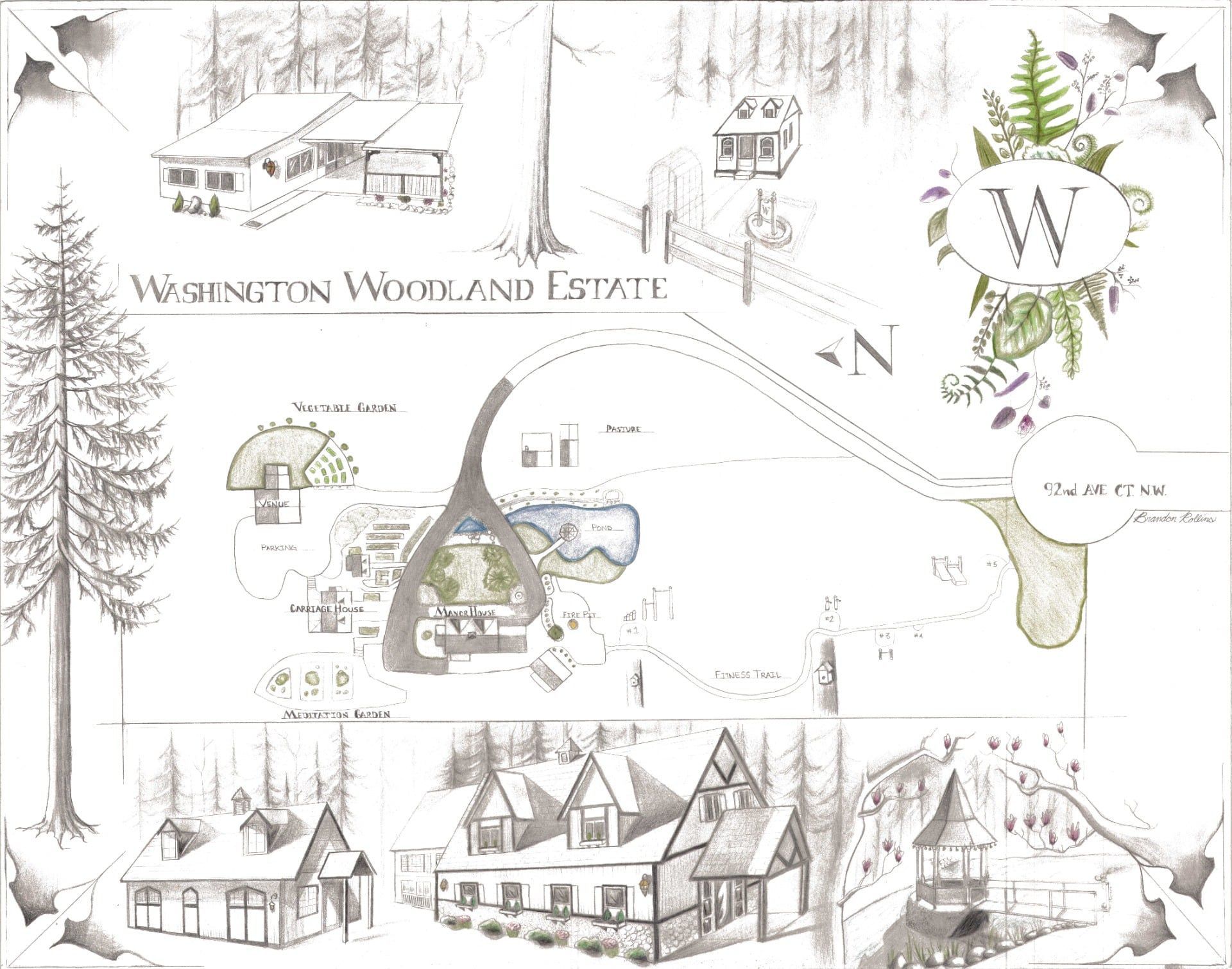 A black and white drawing of a map of washington woodland estate.