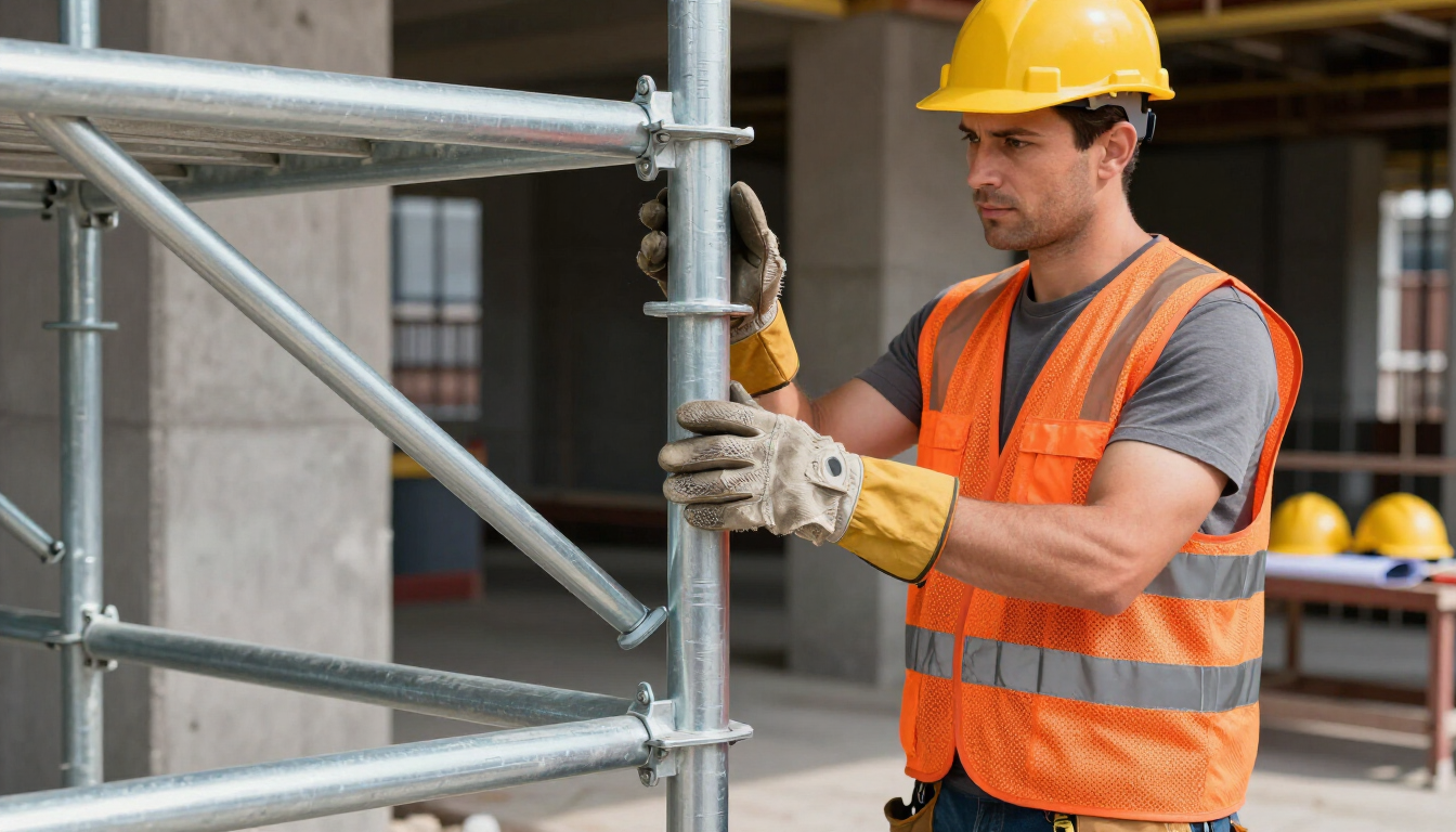 Un operaio edile con elmetto e giubbotto di sicurezza controlla la struttura metallica di un'impalcatura all'interno di un edificio in costruzione.