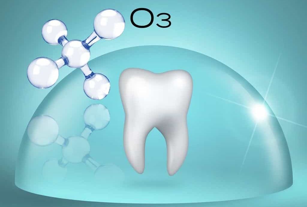 A tooth is surrounded by o3 molecules in a glass dome.